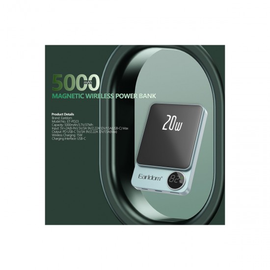 Earldom PD23 5.000 mAh 20W Kablosuz Şarjlı PD Hızlı Şarj Mini Powerbank (Mor)