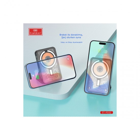 Earldom PD32 5.000 mAh 22.5W Kablosuz Şarjlı Standlı PD Hızlı Şarj Powerbank (Beyaz)