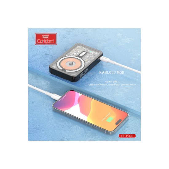 Earldom PD32 5.000 mAh 22.5W Kablosuz Şarjlı Standlı PD Hızlı Şarj Powerbank (Siyah)