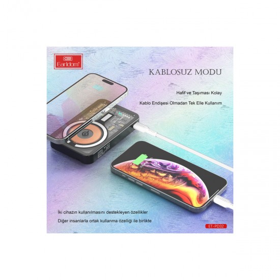 Earldom PD32 5.000 mAh 22.5W Kablosuz Şarjlı Standlı PD Hızlı Şarj Powerbank (Siyah)