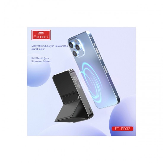Earldom PD32 5.000 mAh 22.5W Kablosuz Şarjlı Standlı PD Hızlı Şarj Powerbank (Siyah)