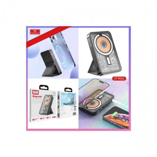 Earldom PD32 5.000 mAh 22.5W Kablosuz Şarjlı Standlı PD Hızlı Şarj Powerbank (Siyah)
