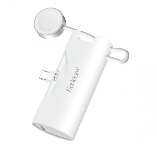 Earldom PD46 5.000 mAh 20W Dahili Type-C Çıkışlı Ekstra Dahili 2.5W Saat Şarj Kablolu PD Hızlı Şarj Mini Powerbank (Beyaz)