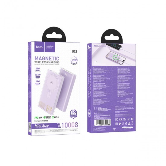 Hoco Q22 Taurus 22.5W PD 20W Magsafe Dijital Ekranlı Powerbank (Mor)