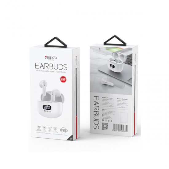 Yesido TWS19 Bluetooth 5.3 Dijital Göstergeli ve ENC Özellikli Kablosuz Kulaklık (Beyaz)