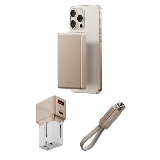 Energea x Bazic 25W Adaptör Alupac 10.000 Mah Powerbank ve Alucable 15 cm 60W USB To Lightning Seyahat Set (Gold)