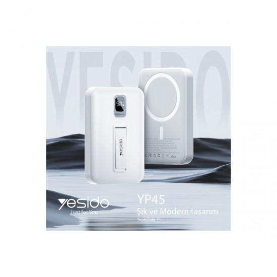 Yesido YP45 10.000 mAh 20W Dijital Göstergeli 15W Kablosuz Şarjlı Standlı Magsafe PD Hızlı Şarj Powerbank (Beyaz)