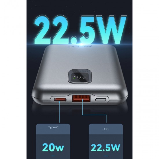 Yesido YP46 10.000 mAh 22.5W Dijital Göstergeli USB3.0 PD Hızlı Şarj Powerbank (Gri)