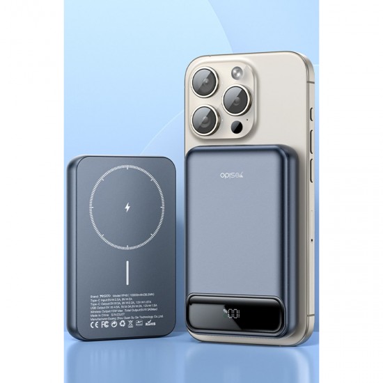 Yesido YP49 10.000 mAh Dijital Gösterge 22.5W USB 3.0 / 20W Type-C Çıkışlı 15W Kablosuz Şarjlı PD Hızlı Şarj Magsafe Powerbank (Siyah)