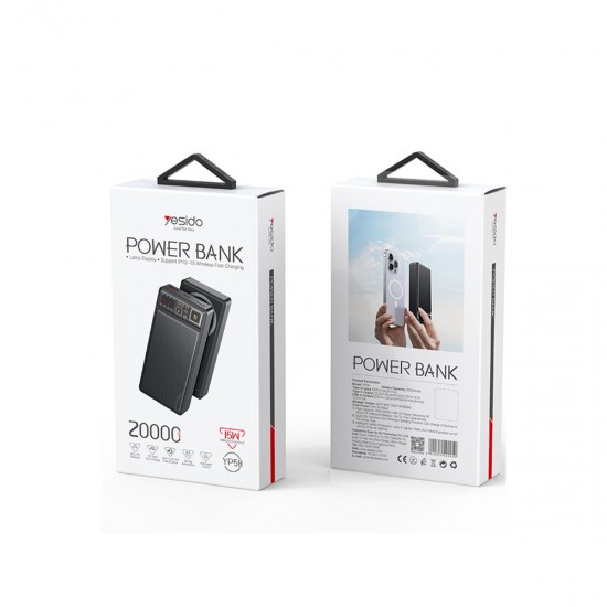 Yesido YP58 20.000 mAh Led Göstergeli 22.5W USB3.0 ve 20W Type-C Çıkışlı 15W Kablosuz Şarjlı PD Hızlı Şarj Magsafe Powerbank (Siyah)