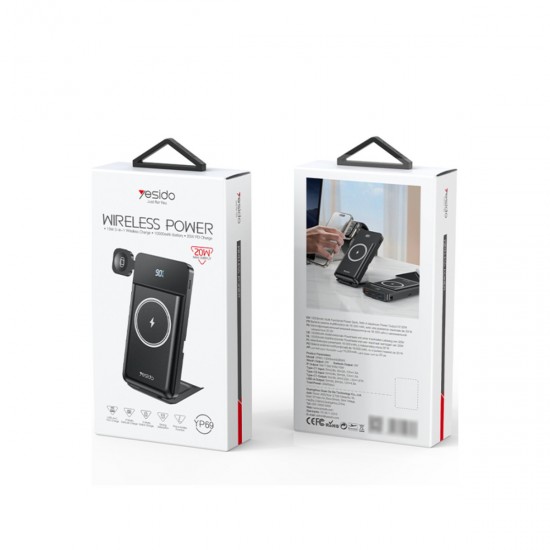 Yesido YP69 10.000 mAh Led Göstergeli Çok Fonksiyonlu 20W PD Kablosuz Magsafe Powerbank (Siyah)