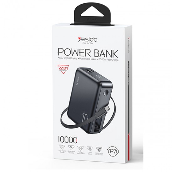 Yesido YP70 Dijital Göstergeli 10.000 mAh 3in1 22.5W PD Hızlı Şarj Powerbank (Siyah)