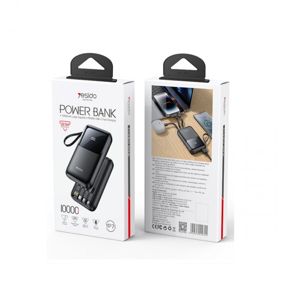 Yesido YP71 Dijital Göstergeli 10.000 mAh 6in1 22.5W PD Hızlı Şarj Powerbank (Siyah)