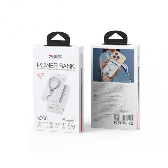 Yesido YP73 Konum Takip Özellikli 5.000 mAh Kablosuz Magsafe Powerbank (Beyaz)