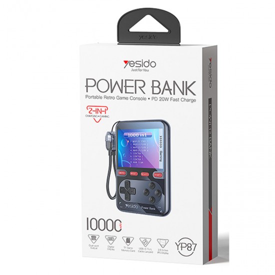 Yesido YP87 Dahili Retro Oyun Konsollu 10.000 mAh 2in1 20W PD Hızlı Şarj Powerbank (Siyah)