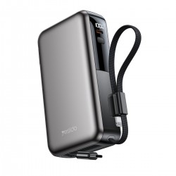 Yesido YP90E Dijital Göstergeli 10.000 mAh 22.5W PD Hızlı Şarj Destekli Makaralı Type C ve Lightning Kablolu 5in1 Powerbank (Siyah)