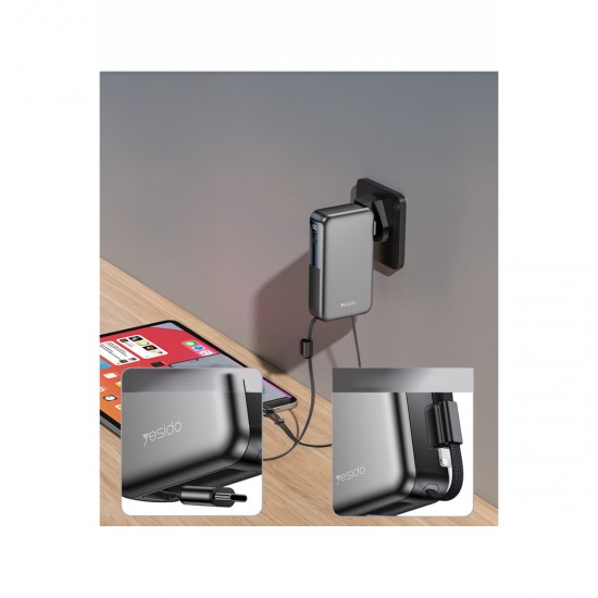 Yesido YP90E Dijital Göstergeli 10.000 mAh 22.5W PD Hızlı Şarj Destekli Makaralı Type C ve Lightning Kablolu 5in1 Powerbank (Siyah)
