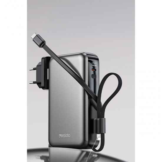 Yesido YP90E Dijital Göstergeli 10.000 mAh 22.5W PD Hızlı Şarj Destekli Makaralı Type C ve Lightning Kablolu 5in1 Powerbank (Siyah)