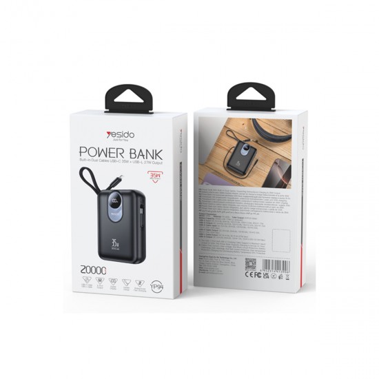 Yesido YP94 Dijital Göstergeli 20.000 mAh 35W Hızlı Şarj Destekli Çift Kablolu Powerbank (Siyah)