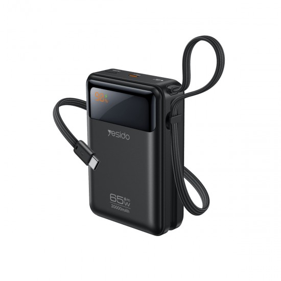 Yesido YP97 Dijital Göstergeli 20.000 mAh 65W Hızlı Şarj Destekli Dahili Type C Kablolu Laptop Şarj Edebilir Powerbank (Siyah)