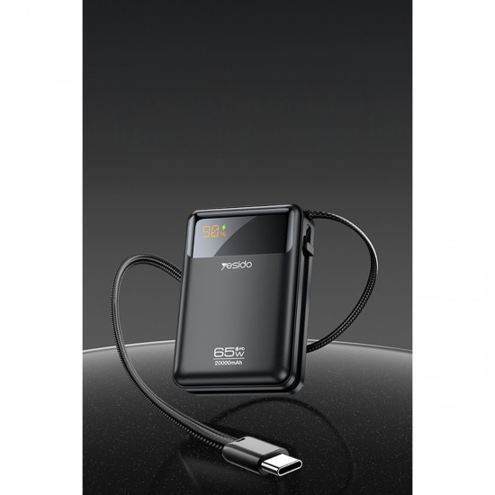 Yesido YP97 Dijital Göstergeli 20.000 mAh 65W Hızlı Şarj Destekli Dahili Type C Kablolu Laptop Şarj Edebilir Powerbank (Siyah)