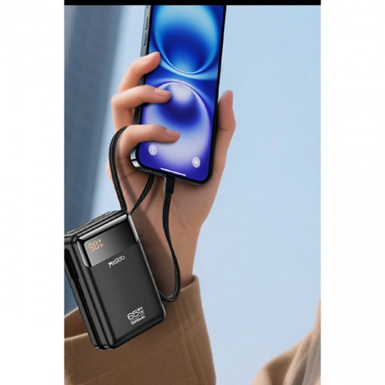 Yesido YP97 Dijital Göstergeli 20.000 mAh 65W Hızlı Şarj Destekli Dahili Type C Kablolu Laptop Şarj Edebilir Powerbank (Siyah)