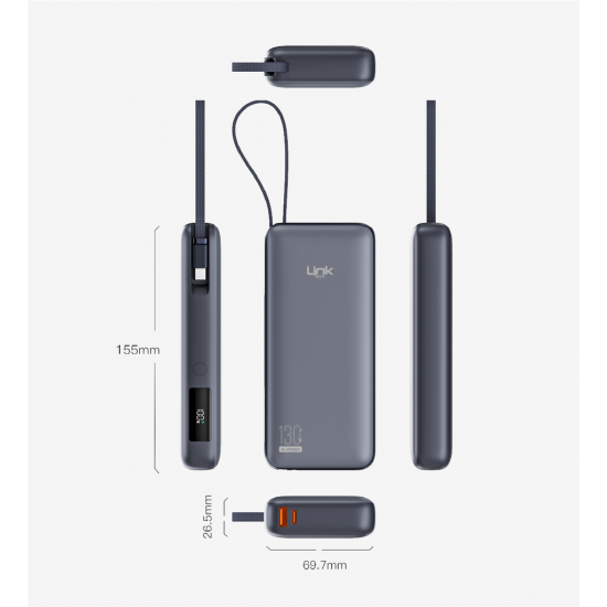 LinkTech P131 Premium 130W Dijital Ekranlı Dahili Type-C Kablolu 20000 mAh Powerbank