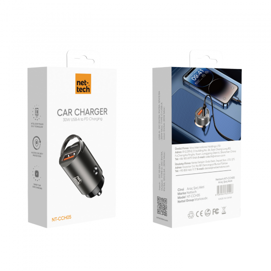 Nettech NT-CCH05 30W PD& QC 3.0 Çift Portlu Metal Araç Şarjı (Siyah)