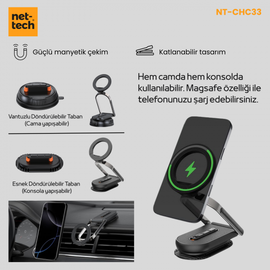 Nettech NT-CHC33 Katlanabilir Manyetik Araç İçi Telefon Tutucu ve MagSafe Şarj Cihazı (Çift Tabanlı)