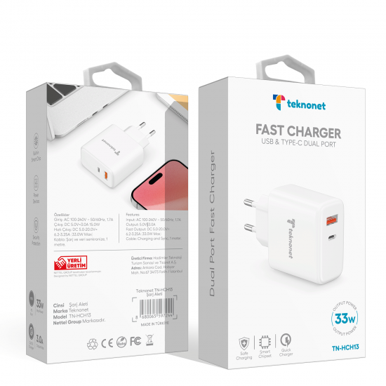 Teknonet TN-HCH13 33W Hızlı Şarj Adaptörü Teknonet TN-HCH13 33W Hızlı Şarj Adaptörü
