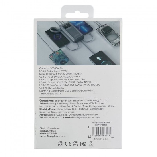 Nettech NT-PW39 20000 mAh 4in1 Hızlı Şarj Power Bank