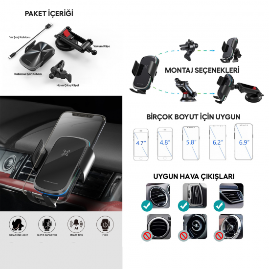 Nettech NT-CHC31 15W AI Akıllı Sensörlü Kablosuz Araç Şarj Cihazı ve Telefon Tutucu (Siyah)