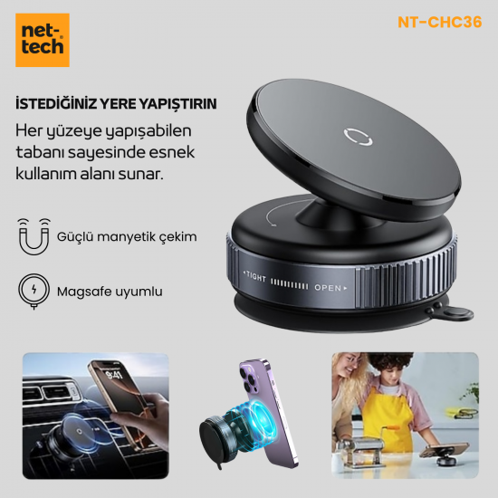 Nettech NT-CHC36 Vakumlu Çok Amaçlı Manyetik Araç Telefonu Tutucu