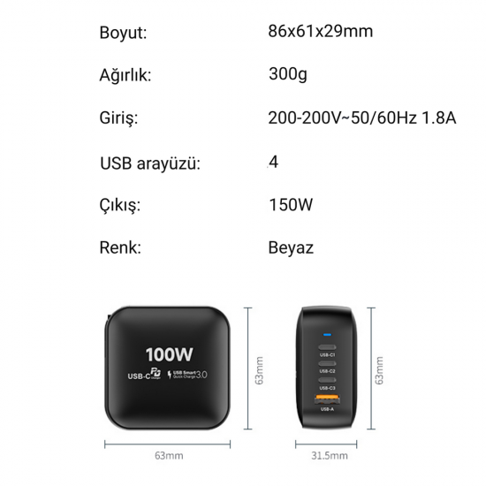 Nettech NT-HCH09 100W PD+QC GaNPrime Şarj Aleti (Beyaz)