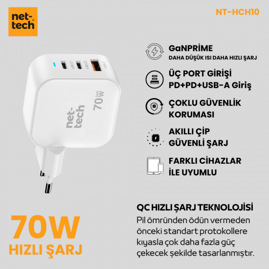 Nettech NT-HCH10 70W PD+QC GaNPrime Şarj Aleti (Beyaz)