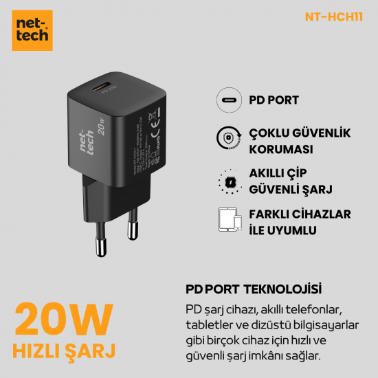Nettech NT-HCH11 20W PD 3000 mAh Şarj Aleti (Siyah)
