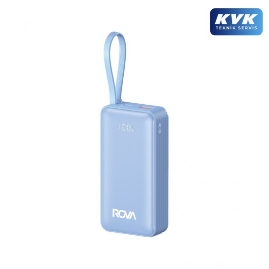 Rova PWS624M 10000 mAh 22.5W Dijital Göstergeli Süper Hızlı Şarj Powerbank - Dahili Type-C ve Lightning Kablo (Mavi)