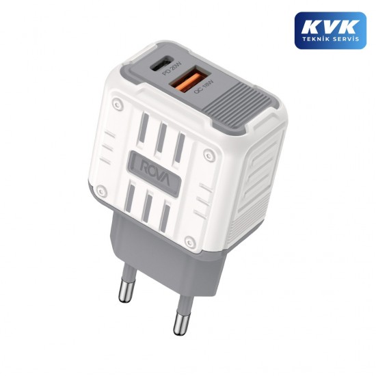 Rova SB112 20W Çift Girişli Hızlı Şarj Adaptörü - Type-C PD + USB-A QC 3.0 Şarj Başlığı