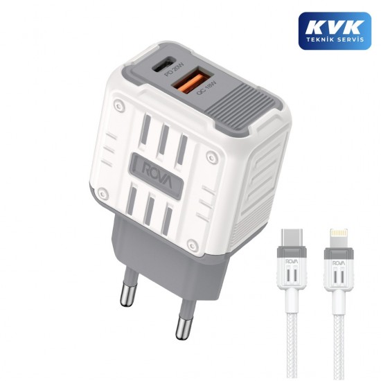 Rova SB112L 20W Çift Girişli Hızlı Şarj Adaptörü + 1 Metre Type-C to Lightning Kablo Seti