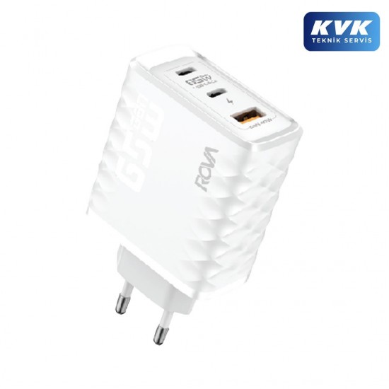 Rova SB116 65W GaN Hızlı Şarj Cihazı 3 Portlu (2xType-C + 1xUSB) PD 3.0 Çoklu Şarj Adaptörü