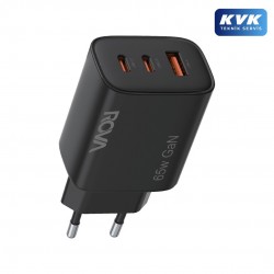 Rova SB118 65W 3 Çıkışlı Hızlı Şarj Adaptörü – PD Destekli USB-C + USB-A, Güvenlik Sertifikalı