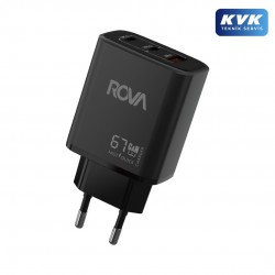 Rova SB120 67W 3 Port (2x Type-C + 1x Usb-A) Pd Hızlı Şarj Adaptörü – Güvenlik Sertifikalı (Siyah)